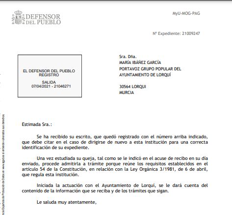 El Defensor del Pueblo admite a trámite la queja del PP de Lorquí sobre la no retransmisión de las sesiones plenarias a través de los medios públicos
