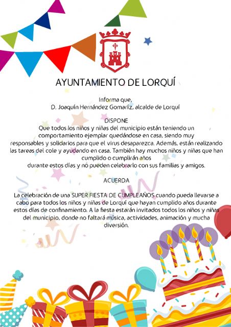 El Ayuntamiento de Lorquí organizará una gran fiesta de cumpleaños para los niños y niñas que no hayan podido celebrarlo